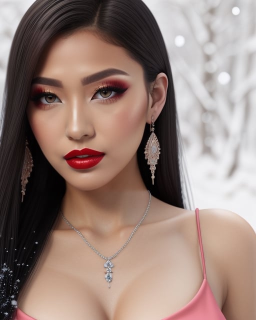 Beautiful Asian European woman, with long, straight platinum hair in a red and black dress, very real, hot curvy body, big buttocks and huge symmetrical breast, big hip, full body, perfect blue symmetrical eyes, 4k, good-looking young female, tight slit mini skirt clothes, pretty woman in her 20s, long pink roots with platinum tips hair, beautiful detailed blue color in both eyes, round earrings, pretty diamond necklace, slim curvy figured woman, snowing vibrant background, Snowing in background, portrait of a white women, realistic, ultra high details, symmetrical perfect face with perfect symmetrical red closed lips and beautiful eye catching eye lining, pretty and beautiful face, fancy tight sexy side slit dress, perfectly made hands and fingers, ultra high definition resolution, ultra 4K detailed eyes, pink roots and white ends hair, thin beautiful fingers with long beautiful nails, full body portrait, enjoying, lots of people at background, ultra sharp, perfect composition, beautiful detailed intricate insanely detailed octane render trending on, 8 k artistic photography, photorealistic concept art, soft natural