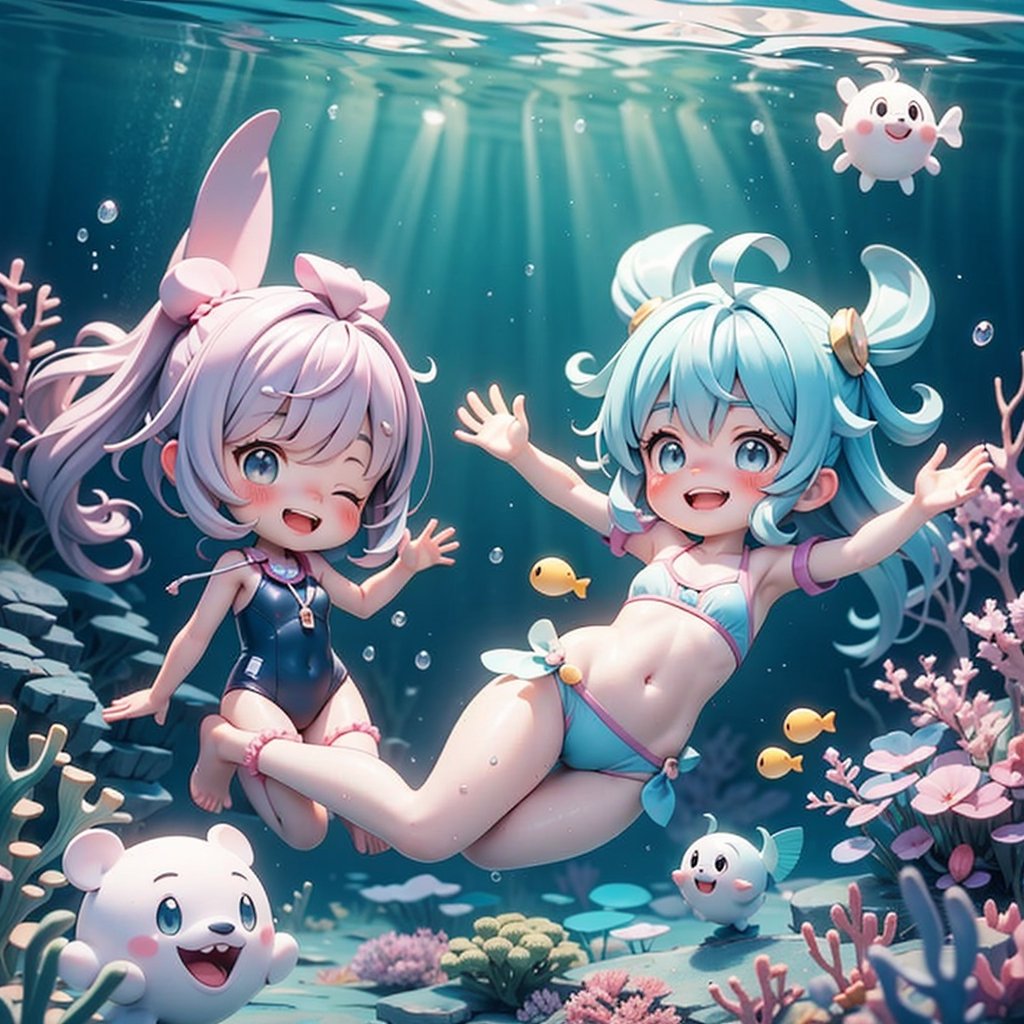 3d, chibi style, 1girl,swimming suit, A magical underwater kingdom, talking sea creatures, and a captivating tale of love and self-discovery, embodying the enchanting world of Walt Disney Animation Studios,diving,very happy, smile open mouth,