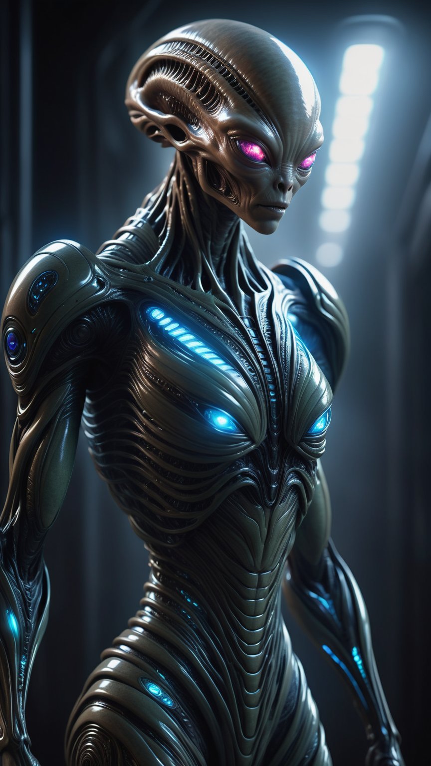woman Create a spine-chilling image of an alien creature adorned in Hi-Tech biometric glowing armor, radiating a deadly and intimidating aura. Showcase the alien's otherworldly features and cutting-edge technology, resulting in a mesmerizing and frightening visual narrative. ((Full body)), 