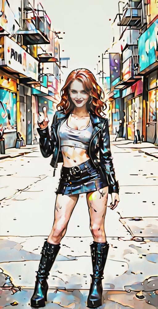 ((full body shot:1.4)),1girl, 12yo, perfect body, skinny body, perfect face, detailed face, (see-through tank top), showing belly, miniskirt, redhead, long curly hair, leather jacket, high heels,(tight high boots), red lipstick, in a busy street of Seoul, happy, thumbs-up,Comic Book-Style 2d