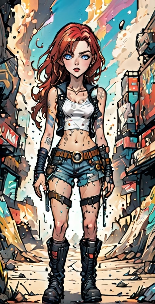 ((full body shot:1.4)),1girl, 12yo, perfect body, skinny body, perfect face, detailed face, (see-through tank top), showing belly, miniskirt, redhead, long curly hair, leather jacket, high heels,(tight high boots), red lipstick, in a busy street of Seoul, happy, thumbs-up,Comic Book-Style 2d,painted world,2d
