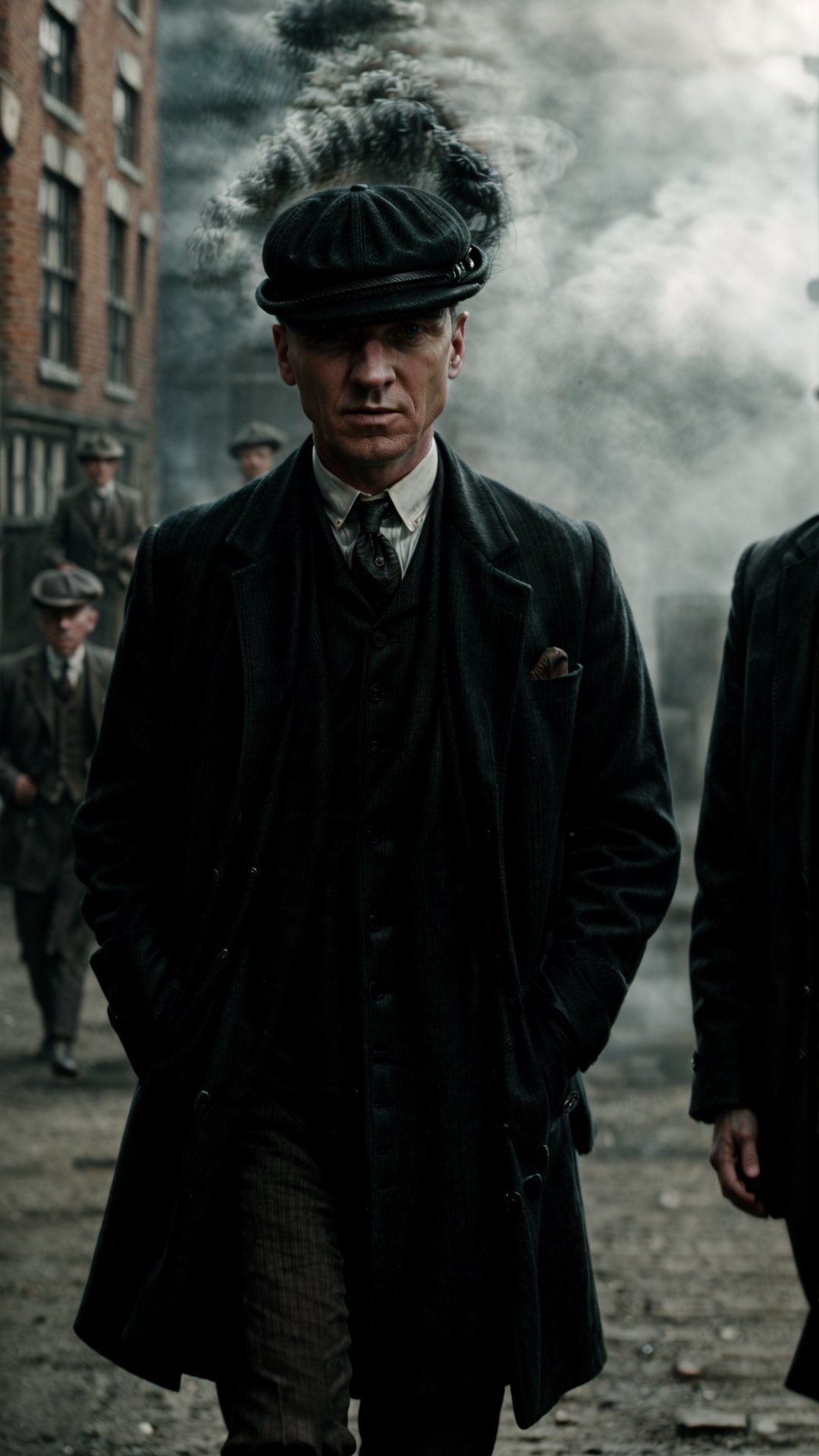 color photo of "Peaky Blinders"
A gritty portrait of the Shelby family, their faces masked by shadows, showcasing their sharp suits, flat caps, and fierce expressions. The scene is set in the dimly lit streets of Birmingham, with smoke billowing from factory chimneys and cobblestone roads. The atmosphere is tense, with a hint of danger lingering in the air. The camera captures the essence of the 1920s era, bringing to life the roaring spirit of the Peaky Blinders. The photo is captured with a vintage Leica M3 camera, using Kodak Portra 400 film to enhance the rich colors and tones. The lens used is a 50mm f/1.4, allowing for a shallow depth of field and dramatic focus on the characters. Directed by Martin Scorsese, cinematography by Roger Deakins, photography by Annie Leibovitz, and fashion design by Alexander McQueen