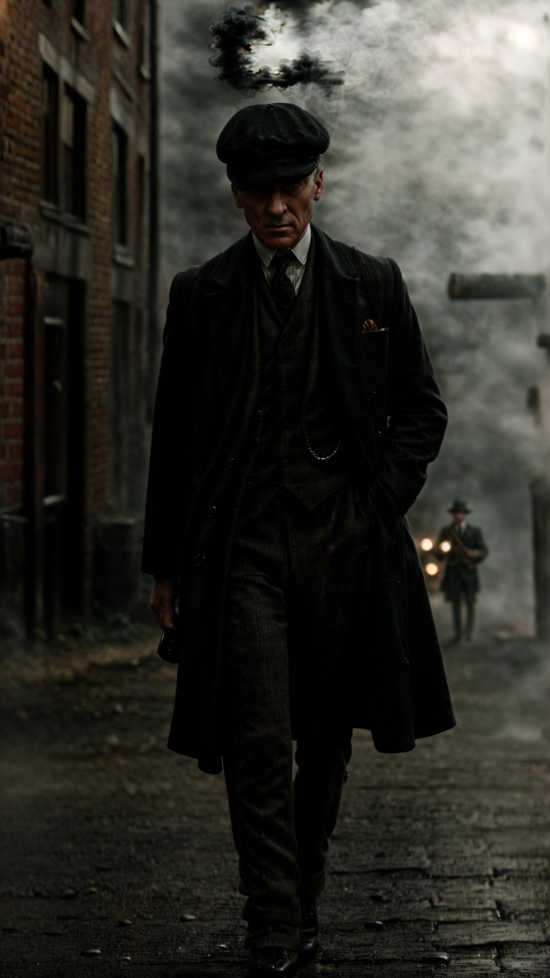 color photo of "Peaky Blinders"
A gritty portrait of the Shelby family, their faces masked by shadows, showcasing their sharp suits, flat caps, and fierce expressions. The scene is set in the dimly lit streets of Birmingham, with smoke billowing from factory chimneys and cobblestone roads. The atmosphere is tense, with a hint of danger lingering in the air. The camera captures the essence of the 1920s era, bringing to life the roaring spirit of the Peaky Blinders. The photo is captured with a vintage Leica M3 camera, using Kodak Portra 400 film to enhance the rich colors and tones. The lens used is a 50mm f/1.4, allowing for a shallow depth of field and dramatic focus on the characters. Directed by Martin Scorsese, cinematography by Roger Deakins, photography by Annie Leibovitz, and fashion design by Alexander McQueen