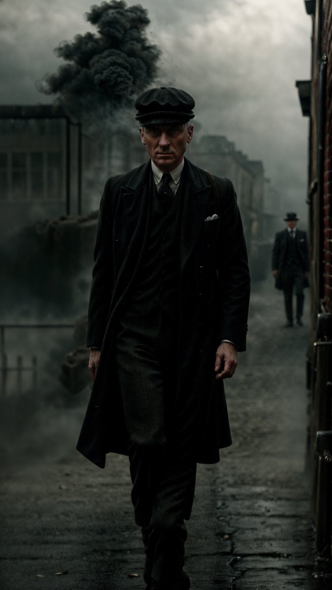 color photo of "Peaky Blinders"
A gritty portrait of the Shelby family, their faces masked by shadows, showcasing their sharp suits, flat caps, and fierce expressions. The scene is set in the dimly lit streets of Birmingham, with smoke billowing from factory chimneys and cobblestone roads. The atmosphere is tense, with a hint of danger lingering in the air. The camera captures the essence of the 1920s era, bringing to life the roaring spirit of the Peaky Blinders. The photo is captured with a vintage Leica M3 camera, using Kodak Portra 400 film to enhance the rich colors and tones. The lens used is a 50mm f/1.4, allowing for a shallow depth of field and dramatic focus on the characters. Directed by Martin Scorsese, cinematography by Roger Deakins, photography by Annie Leibovitz, and fashion design by Alexander McQueen