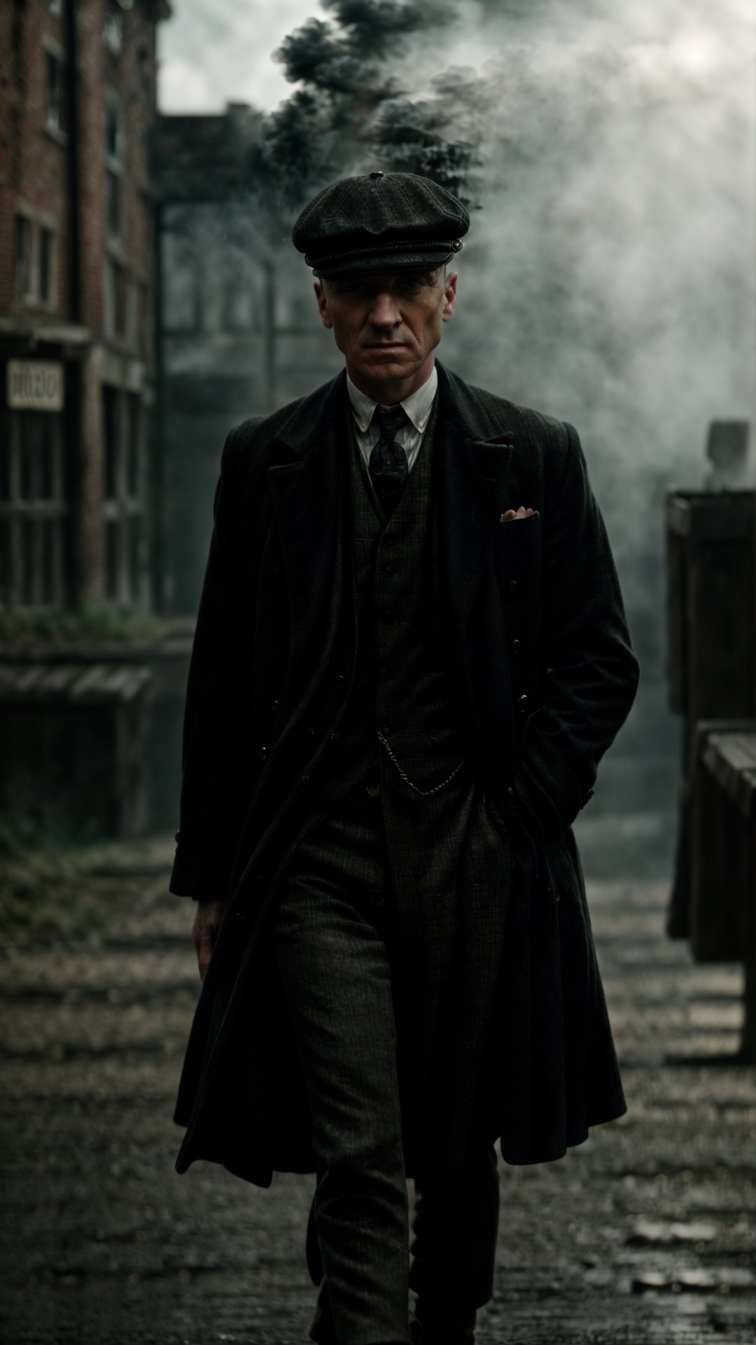 color photo of "Peaky Blinders"
A gritty portrait of the Shelby family, their faces masked by shadows, showcasing their sharp suits, flat caps, and fierce expressions. The scene is set in the dimly lit streets of Birmingham, with smoke billowing from factory chimneys and cobblestone roads. The atmosphere is tense, with a hint of danger lingering in the air. The camera captures the essence of the 1920s era, bringing to life the roaring spirit of the Peaky Blinders. The photo is captured with a vintage Leica M3 camera, using Kodak Portra 400 film to enhance the rich colors and tones. The lens used is a 50mm f/1.4, allowing for a shallow depth of field and dramatic focus on the characters. Directed by Martin Scorsese, cinematography by Roger Deakins, photography by Annie Leibovitz, and fashion design by Alexander McQueen