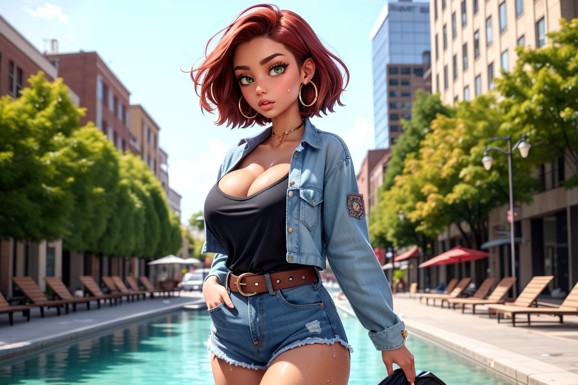 (masterpiece, best quality),green eyes, red hair  eyelashes, hoop earrings, short hair, earrings belt, black legwear, black shirt, breast pocket, cleavage, collarbone, denim, denim shorts, high-waist skirt,wet t-shirt, huge breast, jewelry, long sleeves, pocket, shirt, shirt tucked in, tanktop, ,ariel,roll