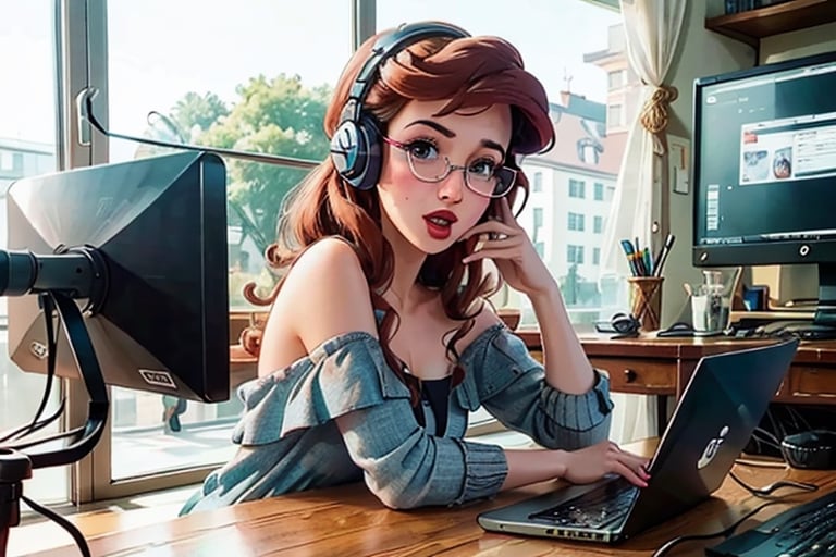 (masterpiece,best quality,extremely detailed),picture perfect face,blush,freckles,(sssniperwolf),nerdy,beautiful,cute,hot,sexy,lewd,makeup,long defined eyelashes,(dark hair),curly,cut bangs,((wide lips,puckered mouth)),((heavy square glasses)),computer chair,streaming,headphones,offshoulder top,open mouth,confused,surprised,chocked,NaniWaifu