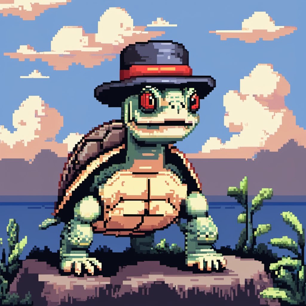 ((Turtle wearing a hat on the head)), turtle's red eyes, limbs crawling forward, (full body), (side full body picture), sky blue background, (Pixel art:1.5), pixel style,pixelstyle,