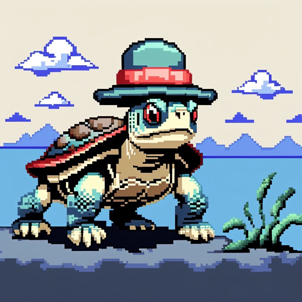Turtle wearing a hat on the head, turtle's red eyes, limbs crawling forward, (full body), (side full body picture), sky blue background, (Pixel art), pixel style,pixelstyle,