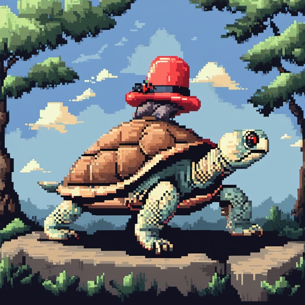 ((Turtle wearing a hat on the head)), turtle's red eyes, limbs crawling forward, (full body), (side full body picture), sky blue background, (Pixel art:1.5), pixel style,pixelstyle,