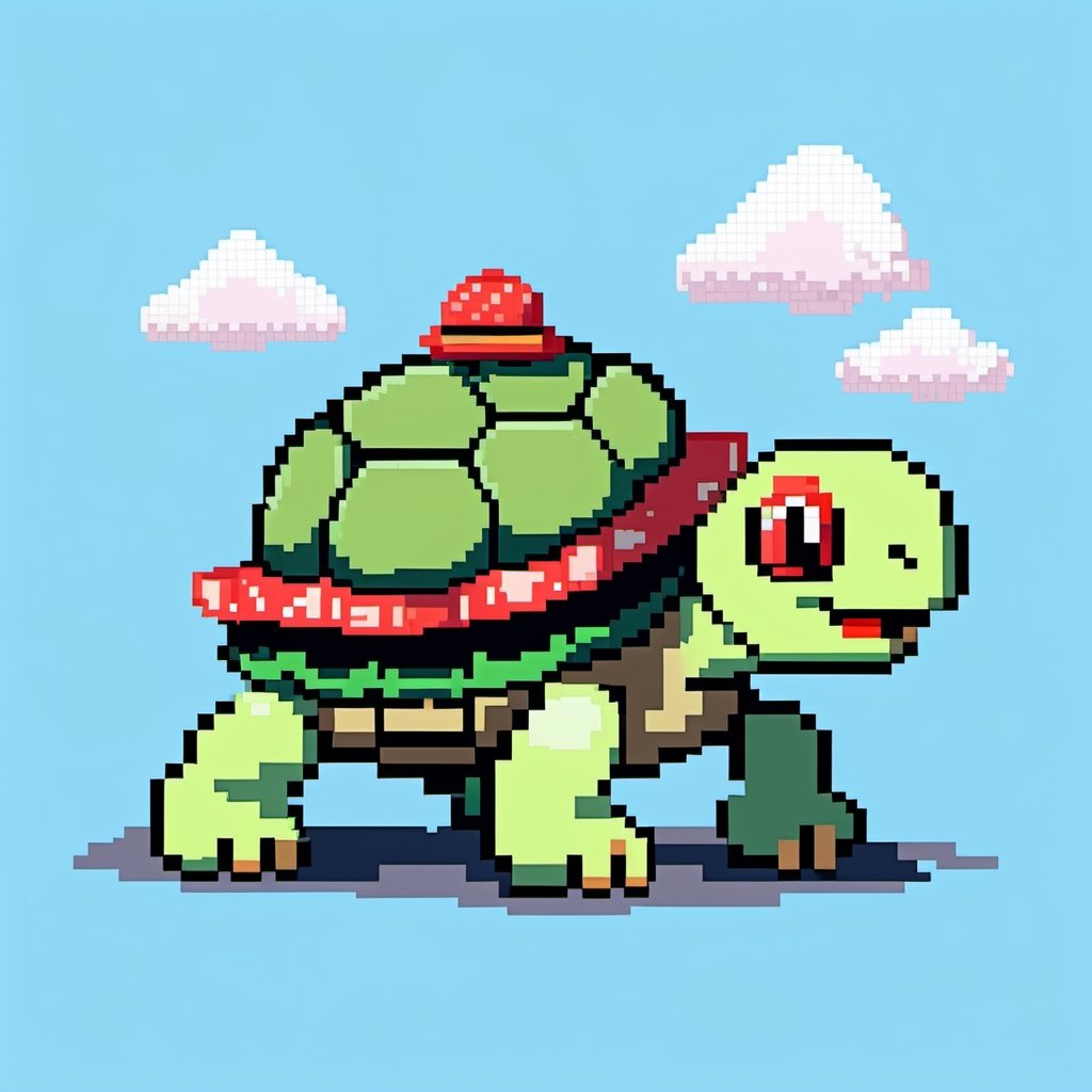Turtle wearing a hat on the head, turtle's red eyes, limbs crawling forward, (full body), (side full body picture), sky blue background, (Pixel art:1.1), pixel style,pixelstyle,