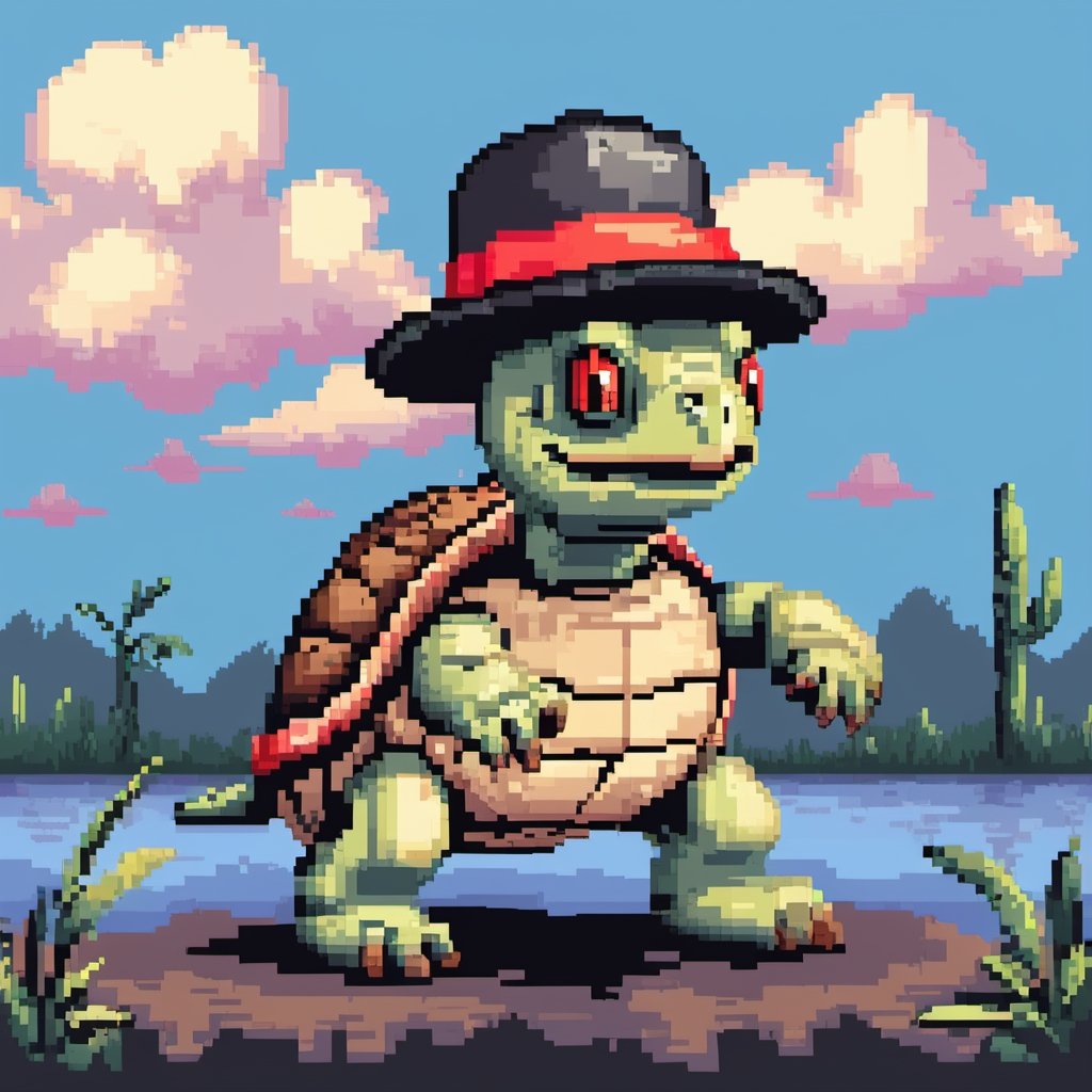 ((Turtle wearing a hat on the head)), turtle's red eyes, limbs crawling forward, (full body), (side full body picture), sky blue background, (Pixel art:1.5), pixel style,pixelstyle,