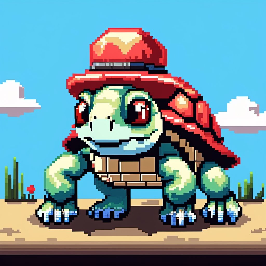 Turtle wearing a hat on the head, turtle's red eyes, limbs crawling forward, (full body), (side full body picture), sky blue background, (Pixel art), pixel style,pixelstyle,