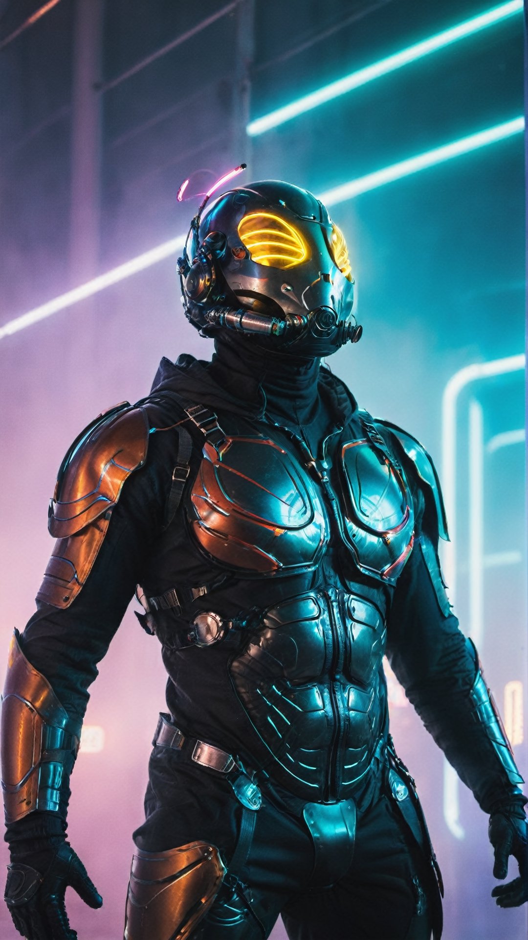 highly detailed, backlighting, silhouette of a man in beetle costume, beetle armor,  beetle wings, futuristic respirator, muscular body, sexy, neon light, misty background, (full body), cyberpunk style,detailmaster2,detailmaster2,Movie Still,xxmixgirl,DonMCyb3rN3cr0XL ,cyberpunk style,aw0k geometry