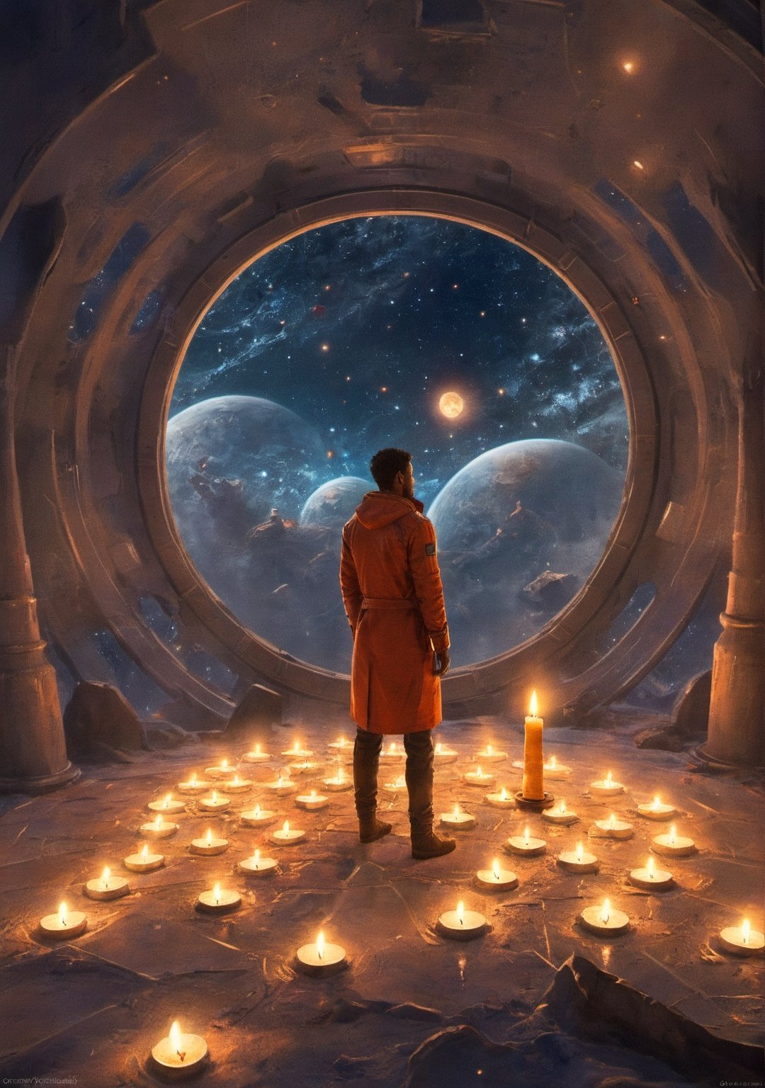 a man lit a candle  in the space, concept art, storyboard, best quality, more detail XL,more detail XL,detailmaster2,aw0k geometry
