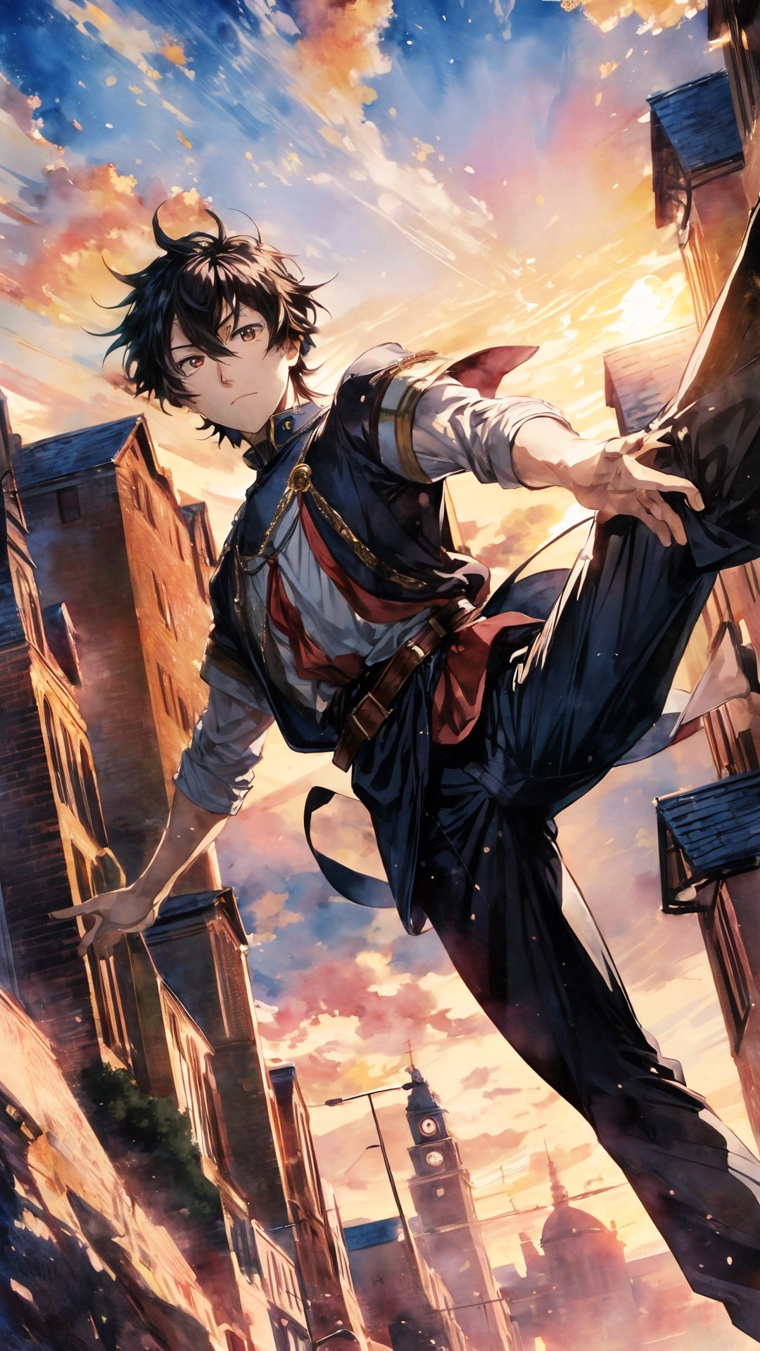 masterpiece, best quality, high resolution, highly detailed,  1boy, full body, centered, high kicking, detailed background, cinematic lighting, backlighting, dramatic, sunset, medieval,  yuno,Highy detailed face ,watercolor