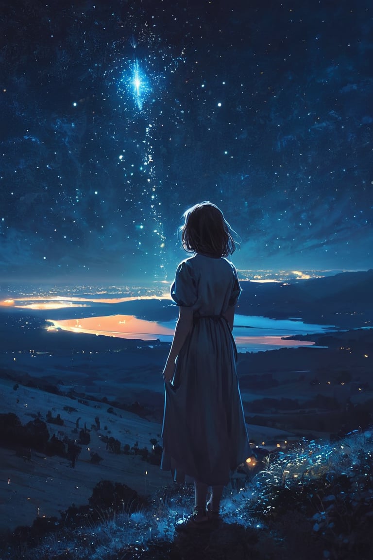 (by Yoshitaka Amano), far away view, 1girl, book, night sky, glowing particles, from the void, magic, fantasy, (style of Atey Ghailan:0.6)
