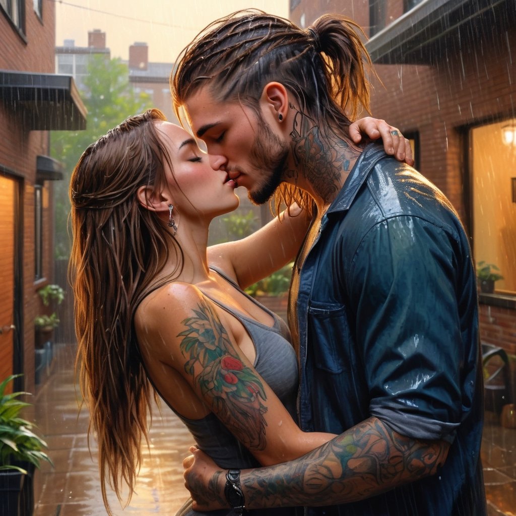 A candid portrait color sketch of a young woman with long straight mousy-brown hair kissing in the rain a lean and scruffy guy with tattoos, piercings, and tousled dark hair inside a cheap apartment courtyard. Volumetric and dynamic lighting. Hyperrealistic photorealistic hyperdetailed maximalist masterpiece