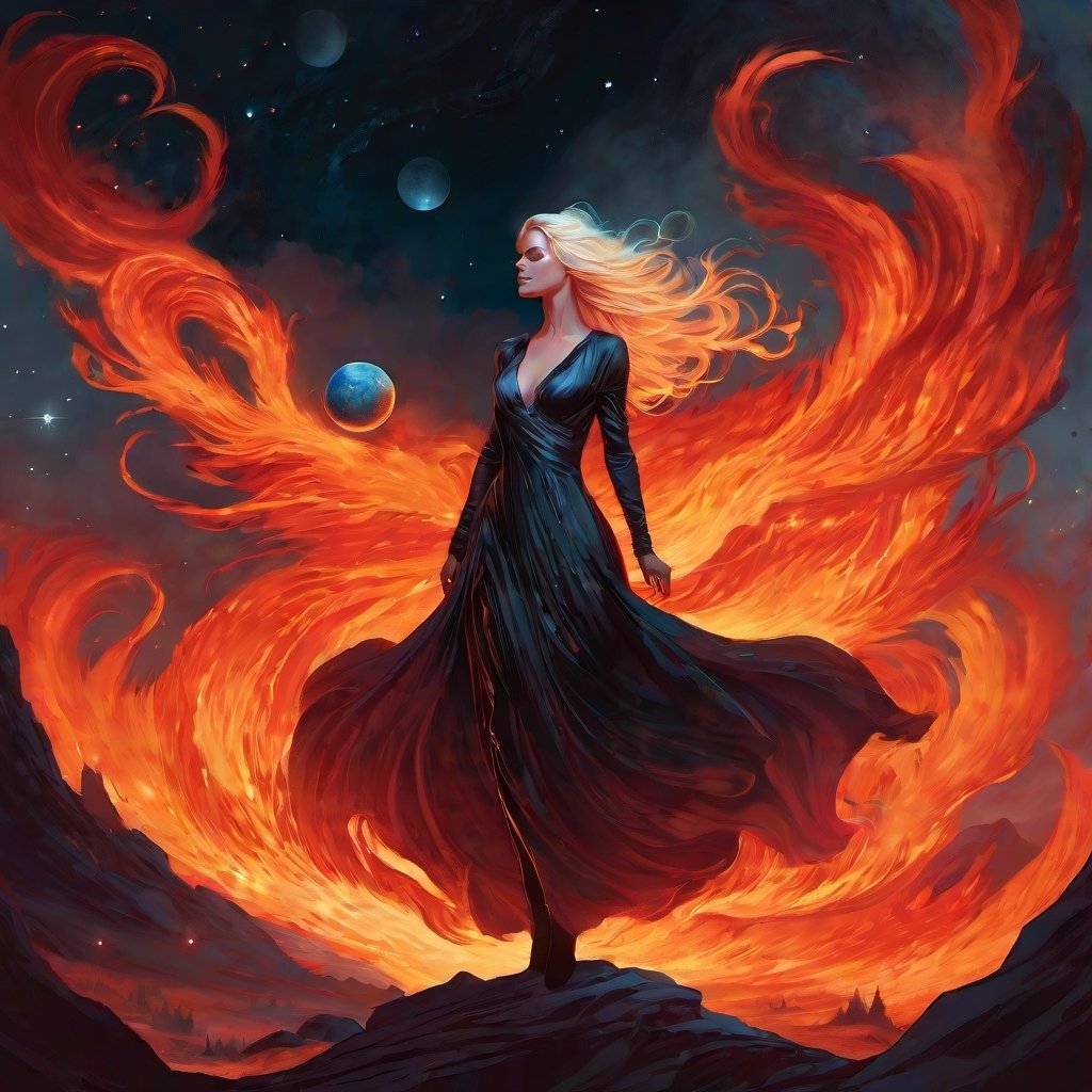 Hyperrealistic digital storybook-inspired illustration, fire & flame theme, girl in a gown made of flames and wispy smoke, on a desolate planet, drenched hair, horror fantasy anime visual. galaxy with planets. over the shoulder look. Looking at us, Full body view, natural movement and pose, liquid fire, lois van baarle, abigail larson, raymond swanland, dark art by james jean, sam_weber_illustration, charles angrand, emotional portrait of betrayal and revenge, stylized illustration in 2.5d, hauntingly beautiful art, animation keyframe, metal album cover,Decora_SWstyle