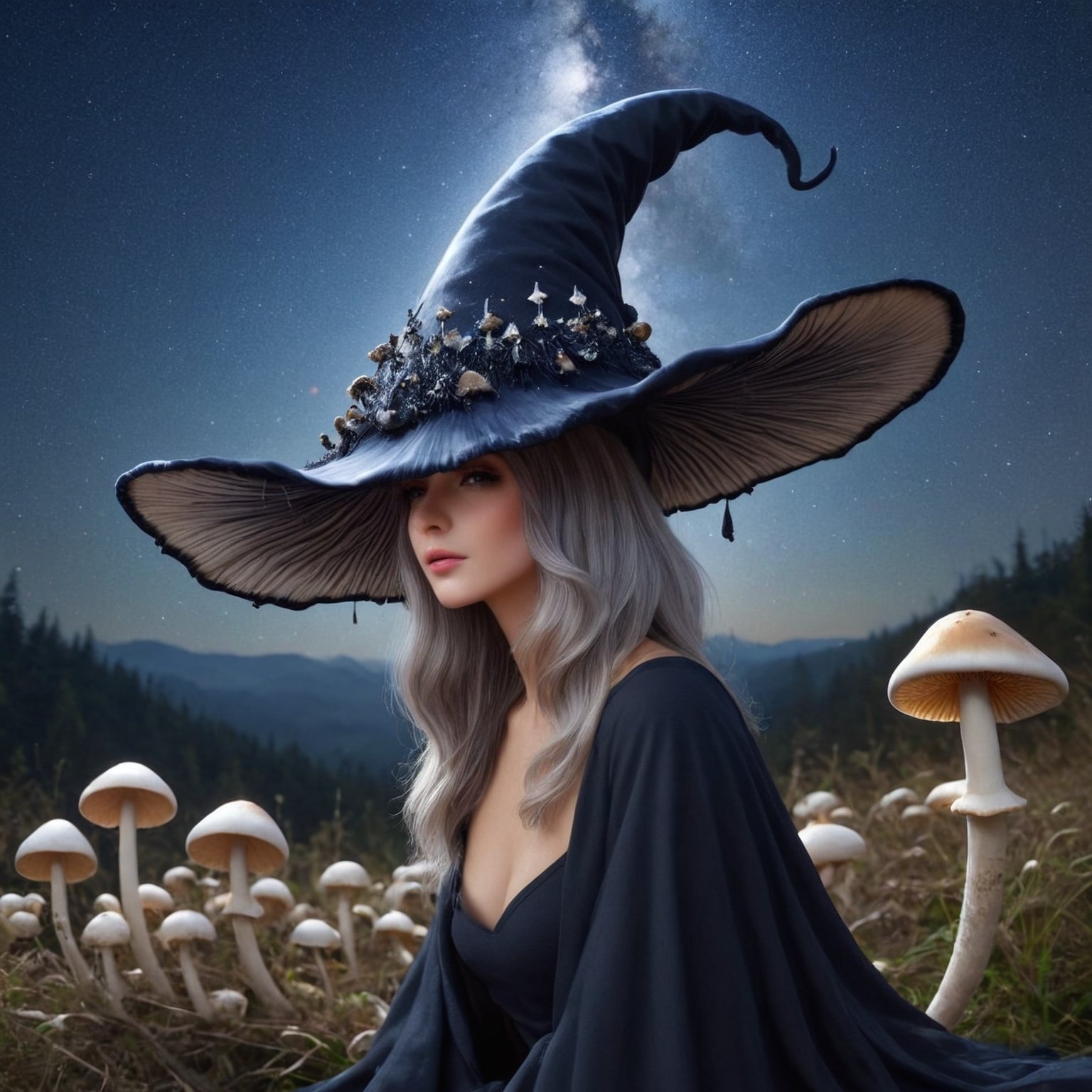 A beautiful witch stagazing on a hill at night, black hair, dreamy epic starry sky, Wearing a inkycapwitchyhat made from a single coprinus comatus mushroom cap