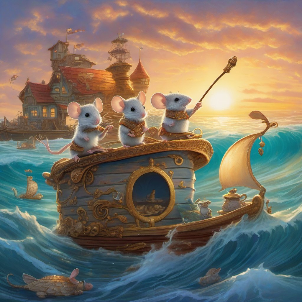A whimsical and detailed masterpiece of two mice, wearing tiny pirate hats, using a toaster as a ship, sailing through a wave of iridescent water. Their tiny paws are working in unison to paddle through the fierce wave, while a subtle humor is evident in their determined expressions. The background is a fantastical, hyperdetailed ocean scene with floating islands, luminescent sea creatures, and a setting sun casting a warm glow over the scene. The overall atmosphere is a blend of fantasy and humor, with an emphasis on intricate details and imaginative elements.