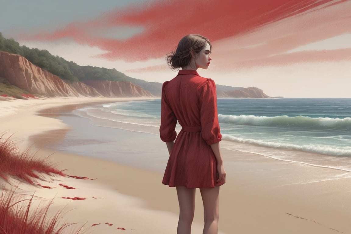 A young woman standing on a sandy beach in front of the ocean, in the style of digital illustration inspired by early to mid 2000s art magazines such as juxtapoz, 2d with vray, romantic landscapes, traditional landscapes, red linework, painterly texture style digital