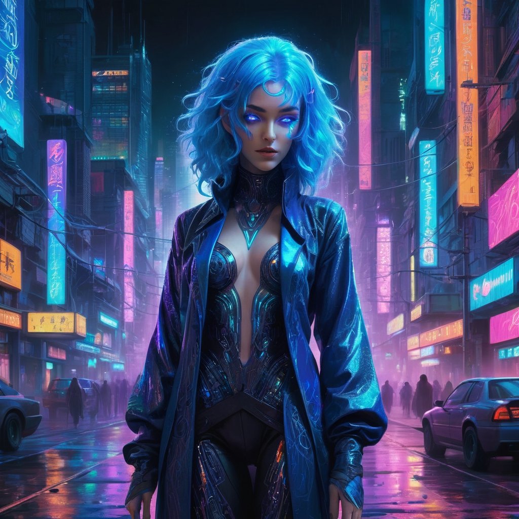 Drenched in neon hues and exuding an aura of mystique, a charismatic enchanter with flowing electric blue hair and glowing iridescent eyes captivates the viewer. This digital image, resembling a meticulously detailed painting, showcases the enchanter standing amidst a bustling cyberpunk cityscape. Every pixel is saturated with vivid colors, creating a mesmerizing contrast between darkness and light. The enchanter's intricate attire shimmers with holographic patterns, hinting at their otherworldly powers. This stunning depiction immerses viewers in a futuristic world where magic and technology intertwine seamlessly.