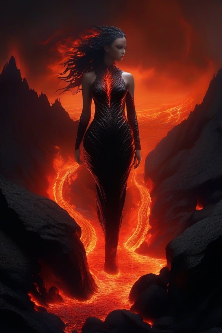 Dark fantasy surrealism :: ominous Inhuman Goddess made of molten lava :: cracks in the skin revealing a fiery glow, it looks rough and uneven, hard and brittle, her body is made of black rock with glowing red cracks :: her hair is like a stream of liquid lava, flowing down the back and dripping to the ground , molten_liquid_lava_hair dripping down :: she is crouching on a rocky surface, emerging from a volcanic eruption ::  rocky landscape with a fiery sky, lava flows and smoke, warm colors :: fiery and intense mood, dark and ominous mood :: lit from below, creating a sense of drama and intensity, illuminated by the fire and the smoke :: dynamic and powerful composition, imposing :: high level of detail, focus on the figure, background out of focus, epic dof :: fantasy art, gothic art, cgsociety :: lava and fire goddess made of black rock and flames