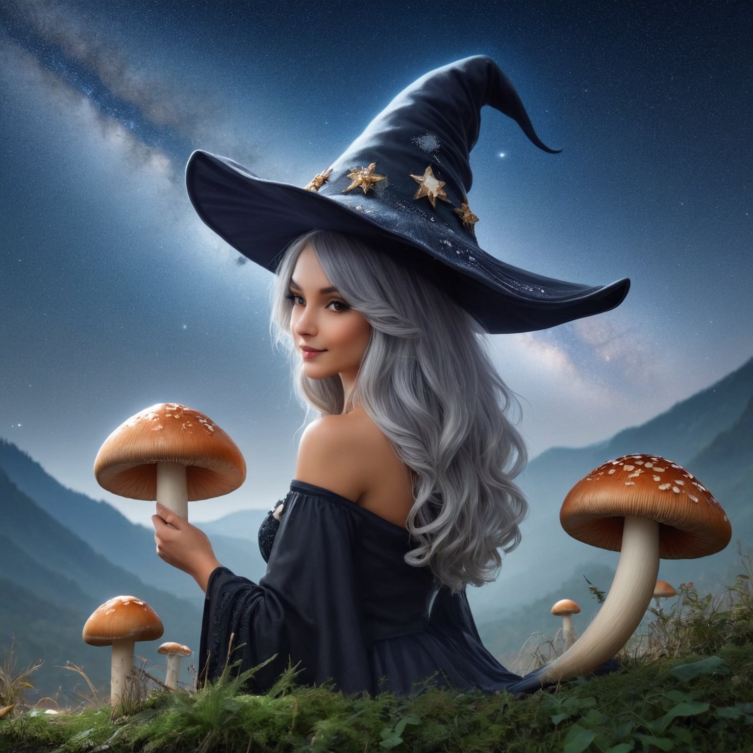 A beautiful witch stagazing on a hill at night, dreamy epic starry sky, Wearing a inkycapwitchyhat made from a single coprinus comatus mushroom cap, textured, painting,Decora_SWstyle,photo_b00ster