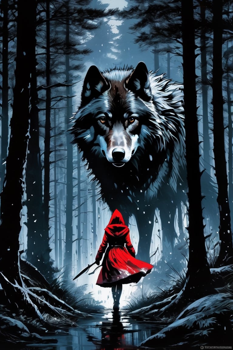"black forest!!!! Double exposure movie poster dark fantasy manhwa neo-noir red movie little red riding hood warrior princess and the big bad wolf in black forest!!!! wolf!!! Masterpiece, Intricate, Insanely Detailed, Art by Kim Jung Gi, Gregory Crewdson, Yoji Shinkawa, Guy Denning, Ink Drip, Paint Splatter, Textured!!!!, Chiaroscuro!!", actionpainting,d1p5comp_style