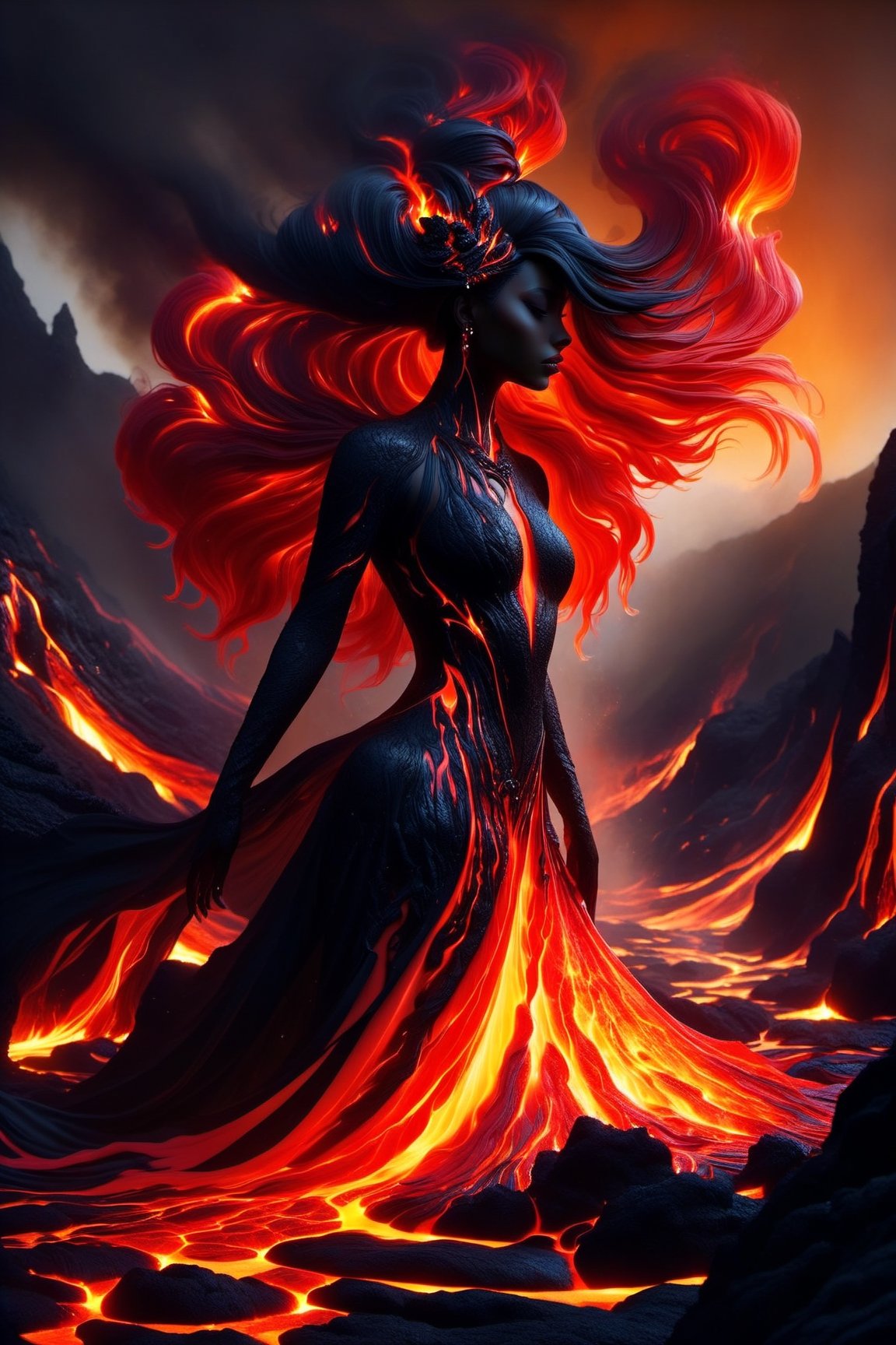 Dark fantasy surrealism :: ominous Inhuman Goddess made of molten lava :: cracks in the skin revealing a fiery glow, it looks rough and uneven, hard and brittle, her body is made of black rock with glowing red cracks :: her hair is like a stream of liquid lava, flowing down the back and dripping to the ground , molten_liquid_lava_hair dripping down :: she is crouching on a rocky surface, emerging from a volcanic eruption ::  rocky landscape with a fiery sky, lava flows and smoke, warm colors :: fiery and intense mood, dark and ominous mood :: lit from below, creating a sense of drama and intensity, illuminated by the fire and the smoke :: dynamic and powerful composition, imposing :: high level of detail, focus on the figure, background out of focus, epic dof :: fantasy art, gothic art, cgsociety :: lava and fire goddess made of black rock and flames,Decora_SWstyle,ral-lava