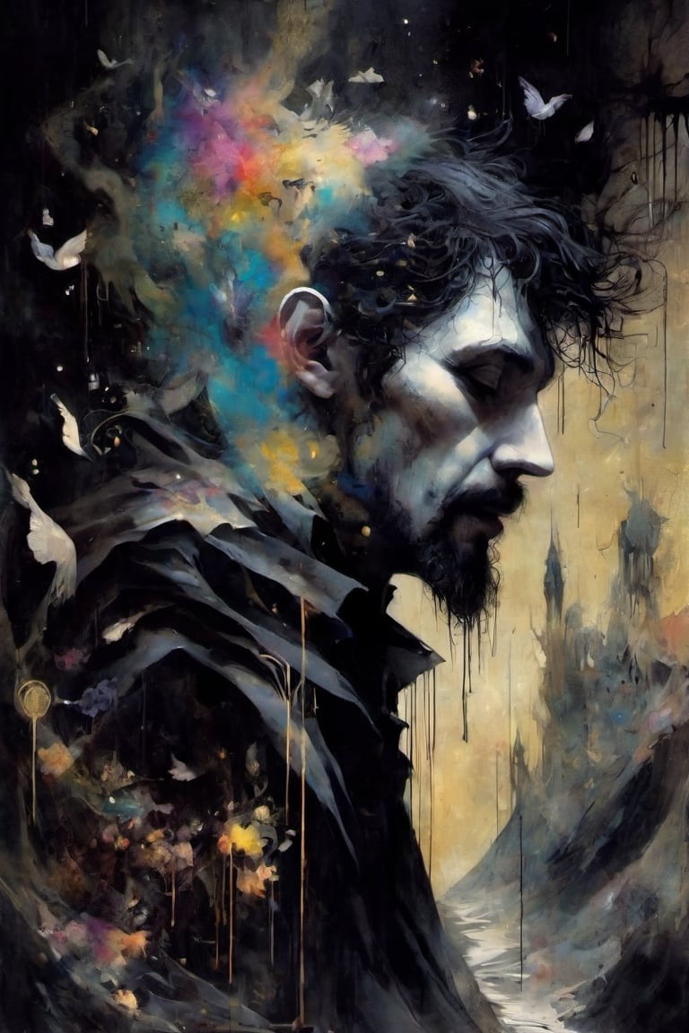 please create a fantastical painting (imagining “dream of the endless” from the series sandman), ( gaiman, dave mckean, bill sienkiewicz), dream appears as a thin goth man with a wild messy rockstar black hair, high cheekbones and palest skin, he is wearing a robe cloaking him in dreams, he is shaping the world of the dreaming, creating new dreams and nightmares, shapes flow into each other in ethereal ways symbolizing the half-formed mercurial nature of how we experience dreams, the colors are rich, there is a variety of textures, the image combines digital and traditionsl painting techniques to create visual intrigue, dramatic, cinematic lighting,Decora_SWstyle,ink 