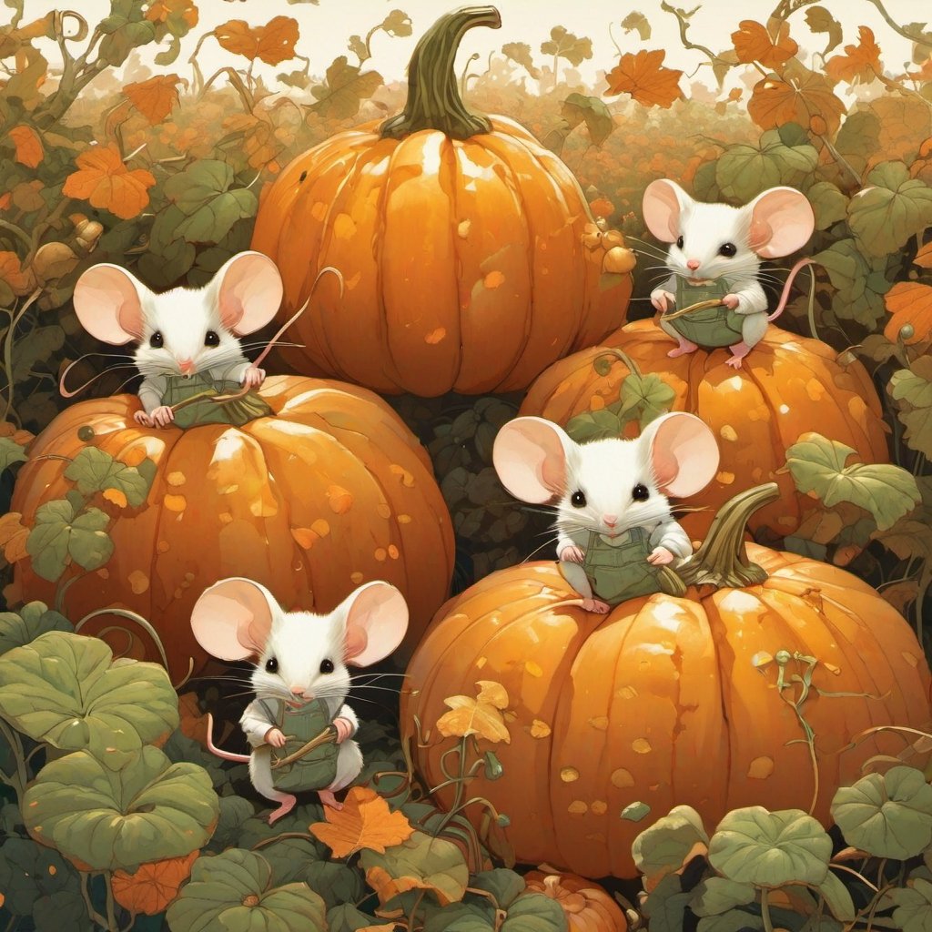 By Marc Simonetti and Hirohiko Araki and Yoji Shinkawa, victo ngai || Image of a teeny tiny adorable mice wearing farmer overalls, climbing the pumkin vines in a pumkin patch, sitting on the vines for a fall harvest snack || adorable chibi baby anthropomorphic fuzzy mice farmers || heartwarming, uplifting || cgsociety, amazing, intricate, hyperdetailed beautiful, fantasy, artstation