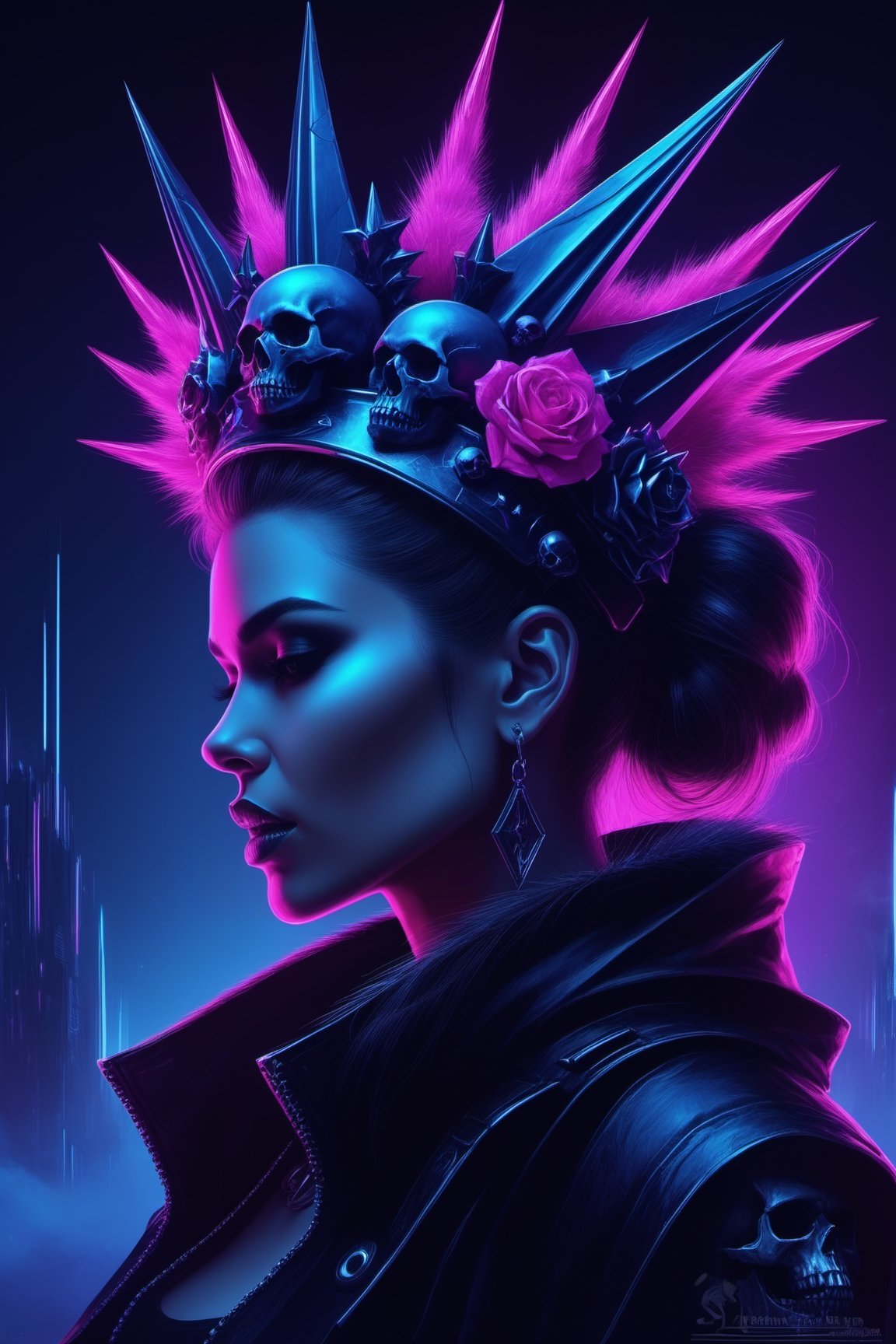 1girl, skull crown, spike crown, epic, profile view, digital illustration painting, perfect composition, blue pink gothic cyberpunk synthwave