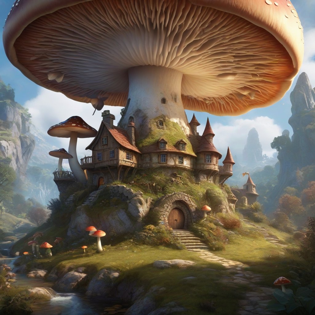 high quality, 8K Ultra HD, create a highly detailed storybook-inspired illustration, A mushroom dragon in a fairytale setting, the characters should be highly emotive to convey the meaning of the scene, composition should be meticulously composed to lead the viewer through the scene, the setting should be detailed and imaginative and create a fantasy world unlike anything seen before, the techniques used should display a mix of traditional media and digital painting techniques, creating intriguing texture and depth, high detailed, 