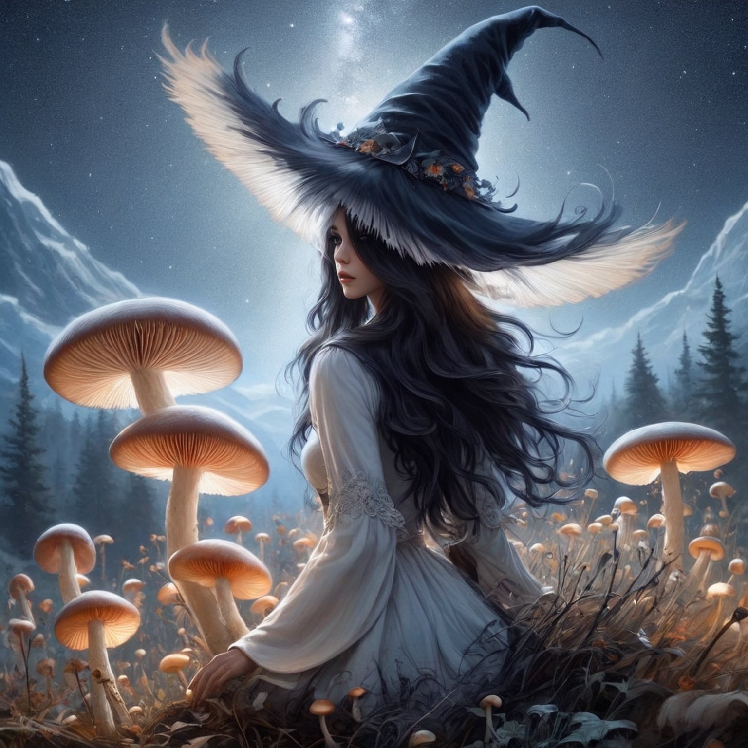 A beautiful witch stagazing on a hill at night, black hair, dreamy epic starry sky, Wearing a inkycapwitchyhat made from a single coprinus comatus mushroom cap, textured, painting,Decora_SWstyle,photo_b00ster