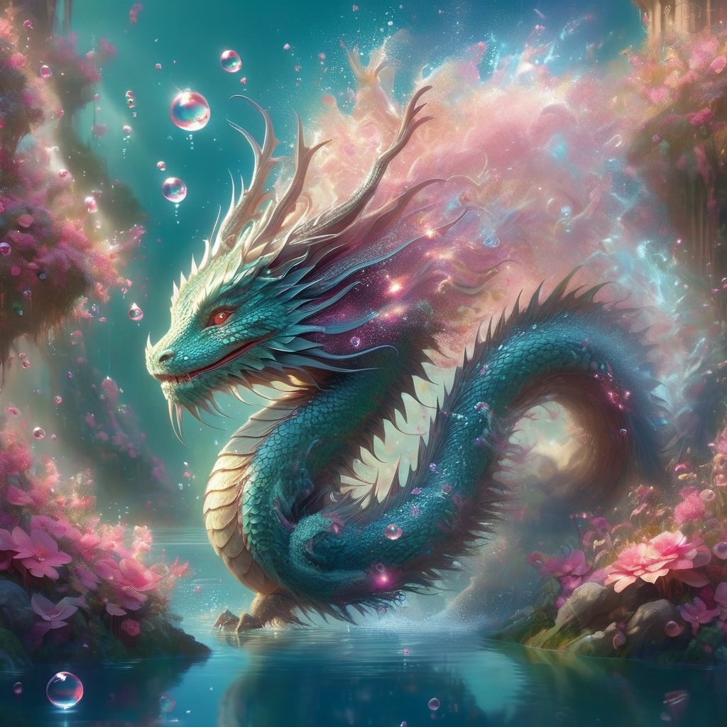 ("cute adorable water-dragon dissolving into water and bubbles ::  in a magical pond, water dripping"), lotus flowers pond, impossible bubbles, water particles, cute style, surreal fairytale concept art, by loish van baarle, cyril rolando, ross tran, Alberto Seveso, Dan Mumford, Carne Griffiths, chris rallis and magali villeneuve, cute creature by mark ryden and bobby chiu, Meaningful Visual Art, Detailed Strange Painting, Digital Illustration, Unreal Engine 5, 32k maximalist, hyperdetailed fantasy art, 3d digital art, sharp focus, masterpiece, fine artm DragonConfetti2024_XL,ice and water,art_booster,real_booster