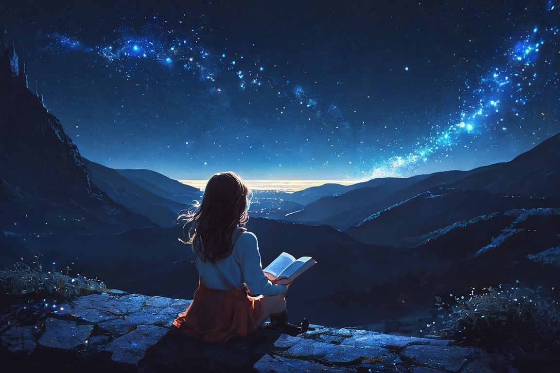 (by Yoshitaka Amano), far away view, 1girl, book, night sky, glowing particles, from the void, magic, fantasy, (style of Atey Ghailan:0.6)