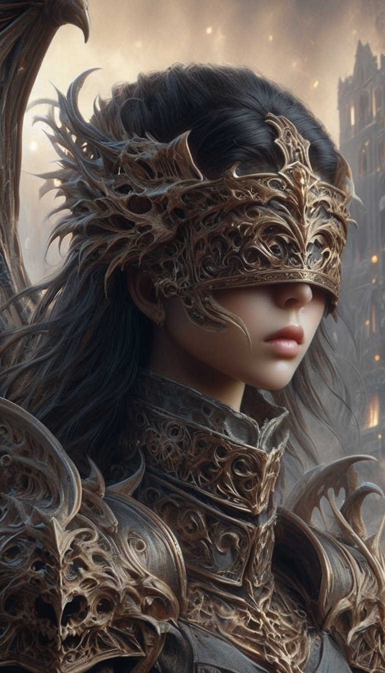 "Dark romance fantasy, close up of a woman wearing a bl1ndm5k over her face and dragon bone armor, standing above a wartorn city, an army looking up at her, embers", bones, ribcage style armor, eldritch, dracolich-like armor, Masterpiece, Intricate, Insanely Detailed, Art by lois van baarle, todd lockwood, chris rallis, anna dittmann, Kim Jung Gi, Gregory Crewdson, Yoji Shinkawa, Guy Denning, Textured!!!!, Chiaroscuro!!, actionpainting, best quality, masterpiece,DracolichXL24,art_booster,LegendDarkFantasy,ellafreya,renny the insta girl,real_booster,bl1ndm5k