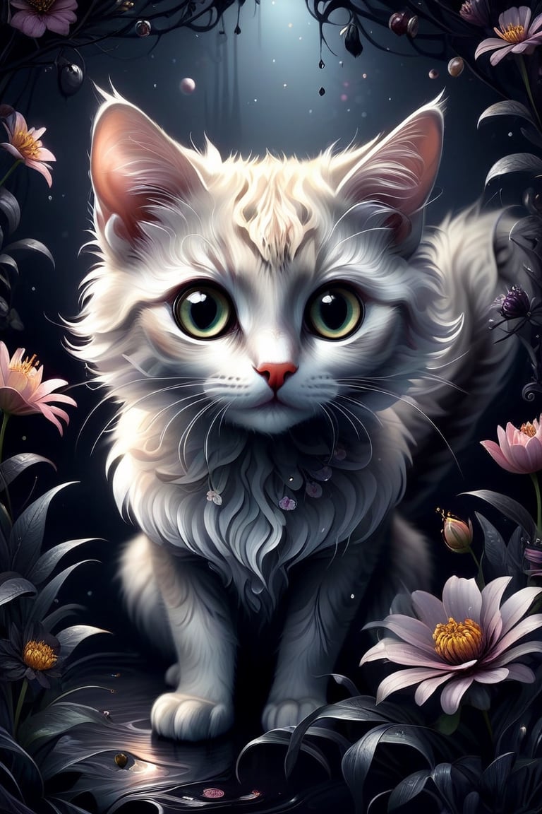 Kitten, Strange cute quantum Creatures, big shiny eyes, happy, playful, 2D, floral background, dark background, By Felix Colgrave, Watercolor, trending on artstation, sharp focus, studio photo, intricate details, highly detailed, by cgsociety,Decora_SWstyle