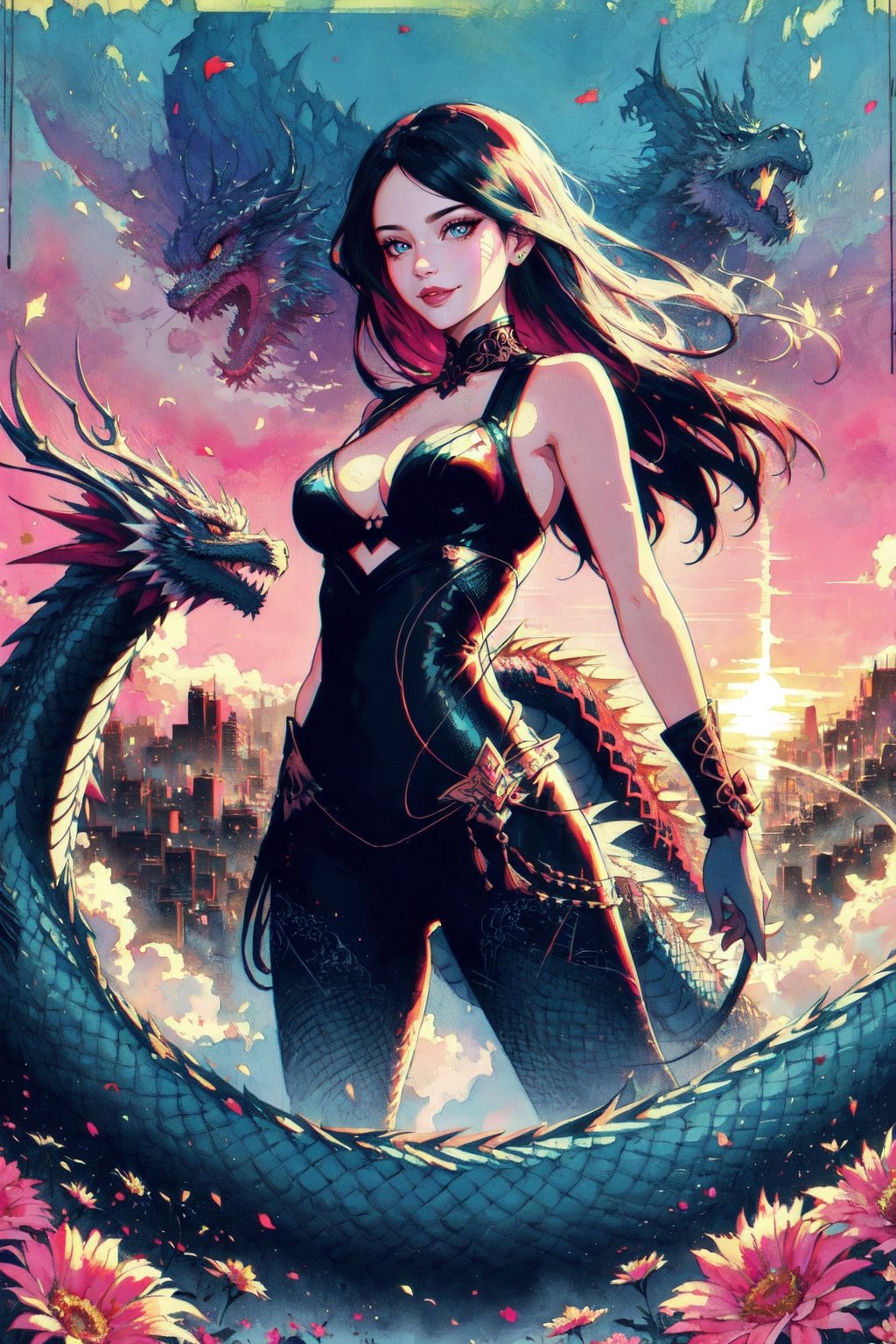 girl standing poised in front of a dragon, circling pose dragon, Digital watercolor Illustration of a summerscape sunset, by Waterhouse, Carne Griffiths, Minjae Lee, Ana Paula Hoppe, Stylized watercolor art, Intricate, Complex contrast, HDR, Sharp, soft Cinematic Volumetric lighting, flowery pastel colours, wide long shot, perfect masterpiece,DragonConfetti2024