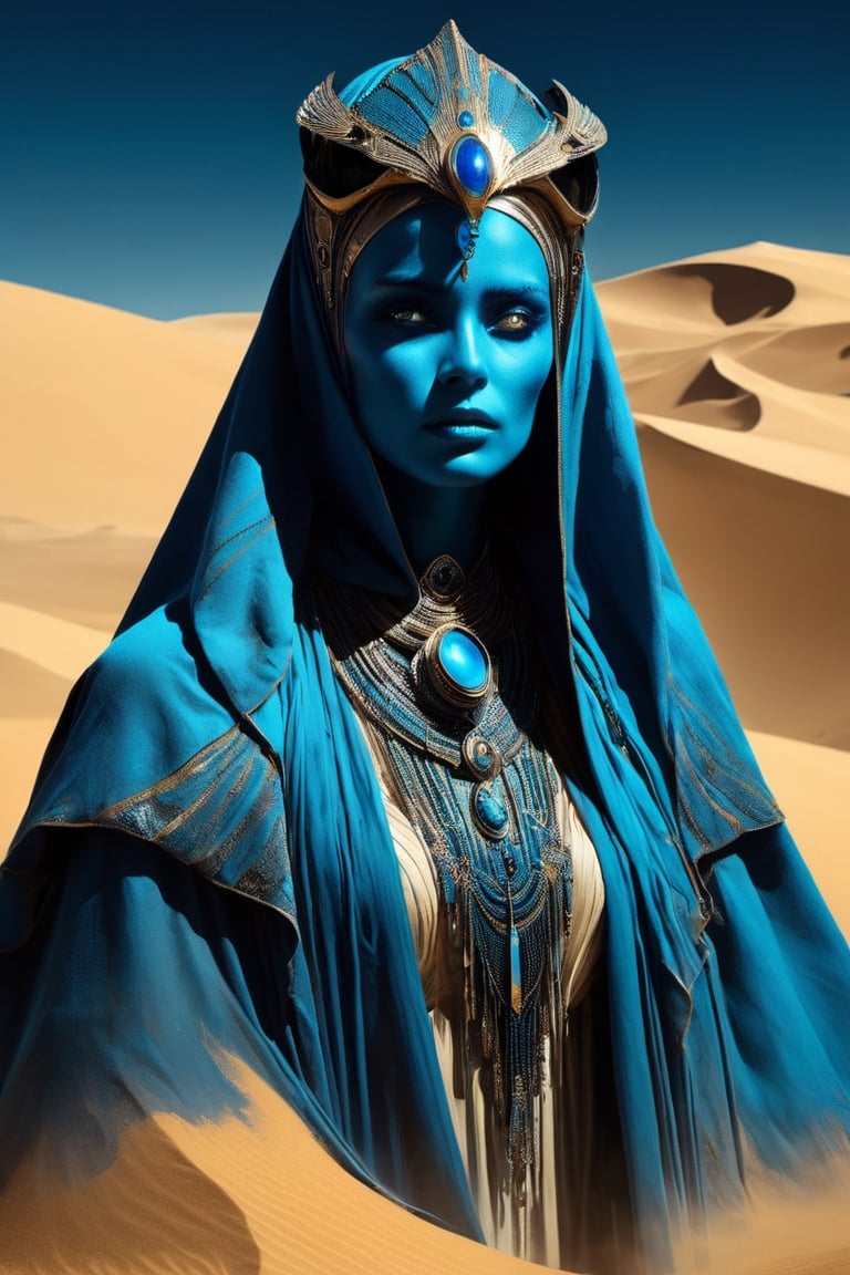 Desert woman with glowing blue sclera and blue irises, dune fremen woman, headscarf, tattered fabric, desert wind, complex futurisitc suit showing wear, cloak, standing among the sands of arrakis, futuristic fantasy, personification of beautiful mysterious soul,extremly intricate detailed,intricate motifs,by sparth, henrik sahlstrom, Jeremy Mann,Jean Beraud,Andree Wallin,Victor Gabriel Gilbert,Aaron Horkey,shallow depth of field,soft dramatic lighting,Craig Mullins,maximalist,pretty,Ray Tracing,Yoshikata Amano,Edwin Landseer,Ismail Inceoglu,Russ Mills,Victo Ngai,Bella Kotak,perfect composition,amazing depth,dreamy masterwork by head of prompt engineering, ghost person,more detail XL,Decora_SWstyle