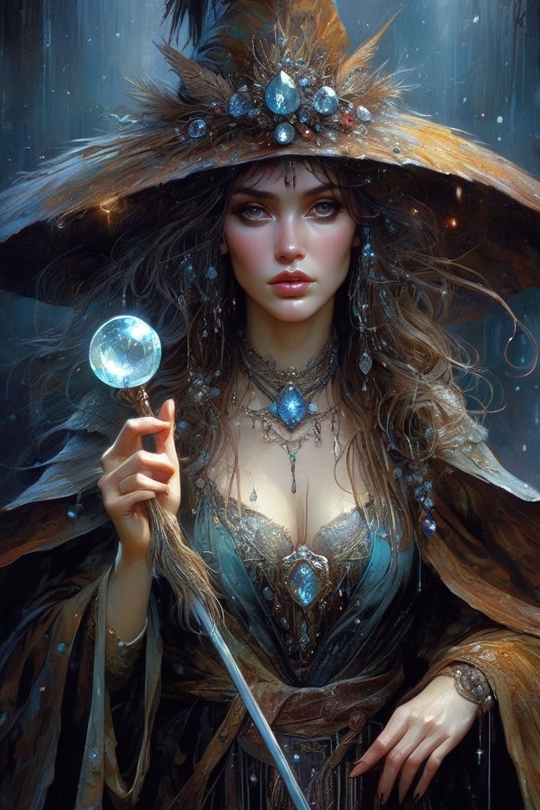 Sorceress with crystal staff, iron glove, and magical crystal robes, realistic face, close-up, dark fantasy, intricate details, rain, hyper detailed, Jean Baptiste Monge, Carne Griffiths, Michael Garmash, seb mckinnon
