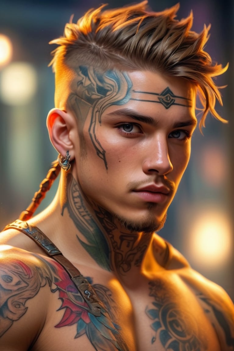 A candid portrait color sketch of a young warrior, rpg character portrait, tattoos, piercings, volumetric and dynamic lighting. Hyperrealistic photorealistic hyperdetailed maximalist masterpiece
