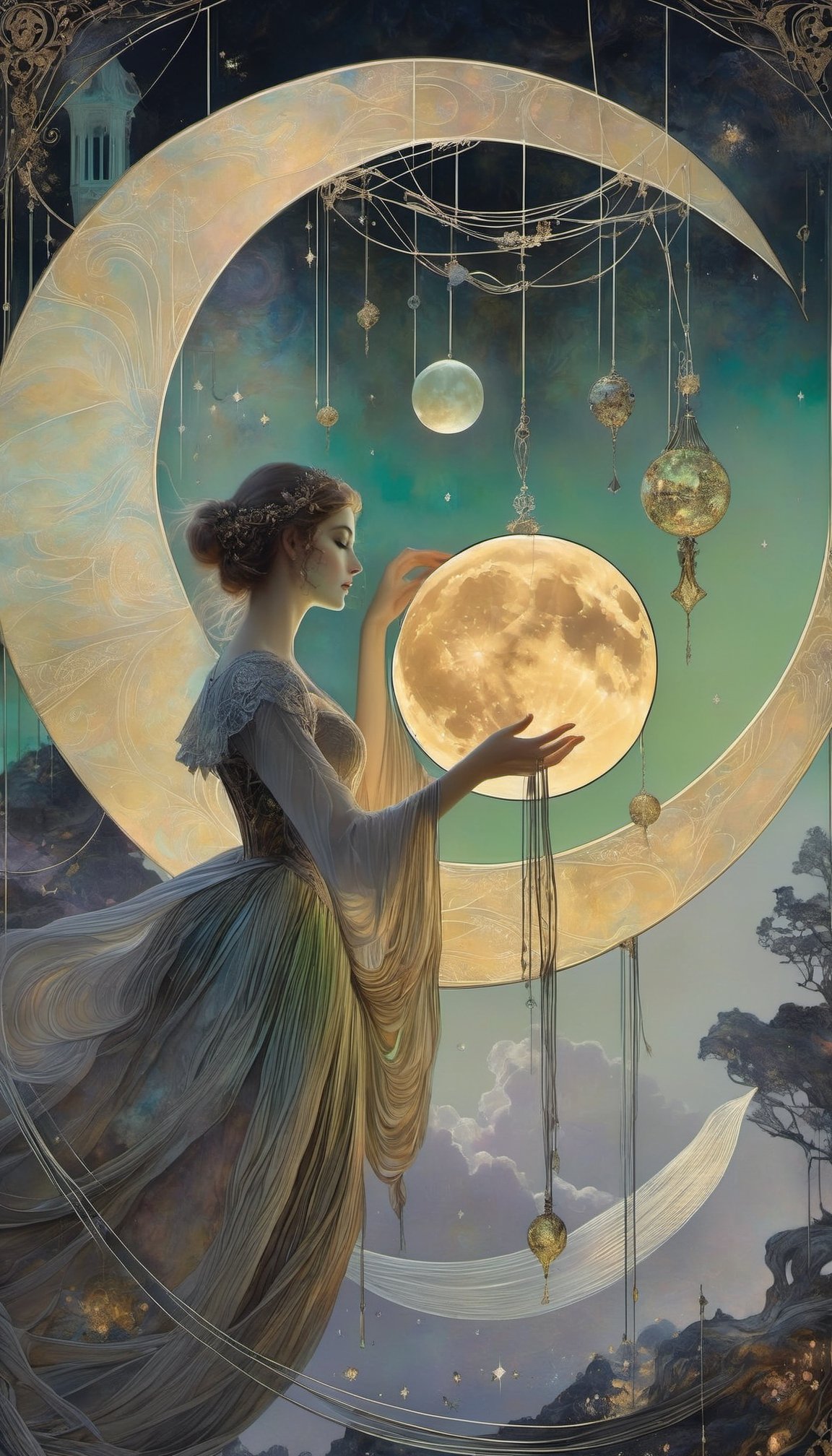  A woman using a string to hang the moon in the sky,  by Anastazja Markowicz, Yoann Lossel, Iren Horrors, Peter Lippmann, Abigail Larson, Henri Fantin-Latour,  beautiful ethereal mathematical phosphorescent fluorescent transcendental, mixed media, textured painting,art_booster,real_booster,Decora_SWstyle