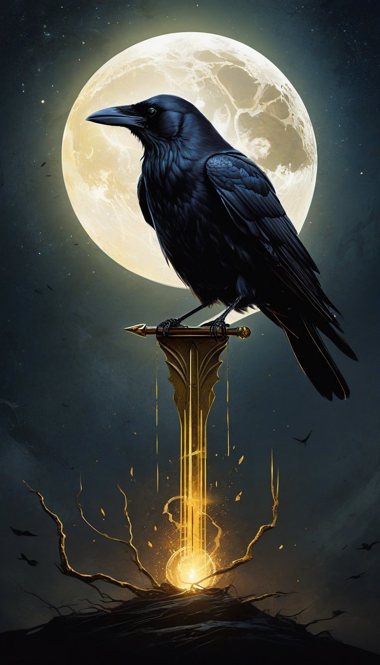 impactful and captivating tarot art painting of a crow hit by a golden arrow falling from the sky in front of a halo-like full moon shape. Gold and black metal. Concept art with rough texture and 2D abstraction inspired by styles like Anato Finnstark, Casper Konefal, Godmachine, and Olly Moss. Inspired by tarot art, Artstation, sots art, Valentina Remenar, Benjamin Vnuk, album artwork, artbook artwork. Influenced by Beth Cavener, Glen Keane, and Charlie Bowater, CGSociety. Beautiful dark fantasy horror. Detailed digital illustration, character design.