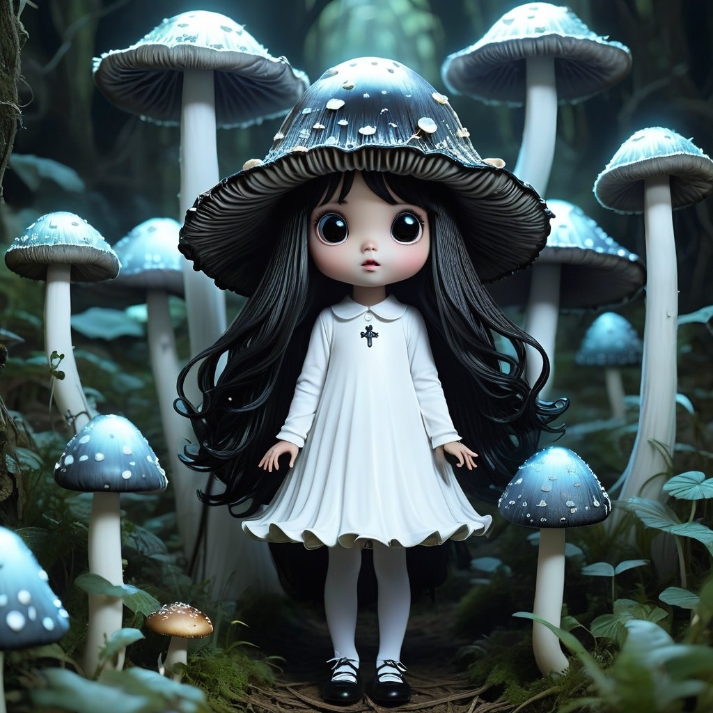(((The little ghost girl in a mushroom maze)), long hair,illuminated cute style storybook character concept art, magical, surreal, whimsical breathtaking hauntingly beautiful,coprinus_comatus shiny-black-gills and drips