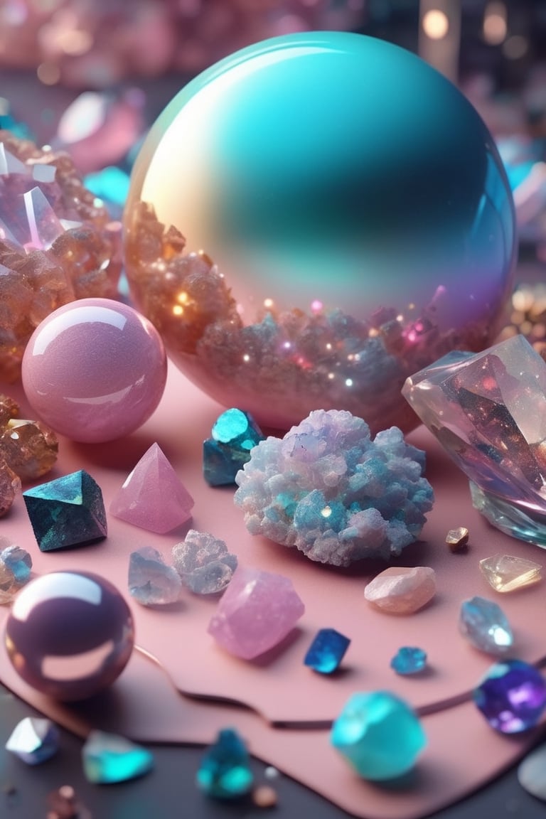 Knolling of minerals , shiny pastel, lights bokeh, photorealistic, canon, 50mm lens --v 4, Beautiful amazing fantasy detailed graphic art. Rococo, cyberpunk. Vibrant. concept art, Trending On Arts ration, ray-tracing reflections, radiant, HDR, octane render, masterpiece 4k amazing backgrounds shine atmosphere ,Decora_SWstyle
