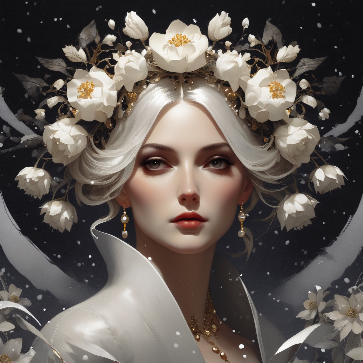 a painting of a woman with flowers on her head, concept art, by Jason Teraoka, portrait of emma frost, earrings, wyeth, white fractals, ladybugs, aerial illustration, graphic detail, (snow), artbook artwork, editorial image, nier automata concept art, ffffound, above view,d1p5comp_style