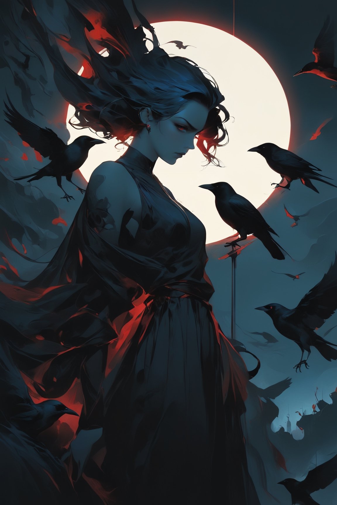 a woman standing in front of a full moon, digital art, Artstation, gothic art, crows as a symbol of death, artgerm and james jean, metal album cover art, 2d art cover, avatar image, joshua middleton comic art, light red and deep blue mood, beautiful depiction,anx13ty_style,twisted_thoughts,ct-niji2